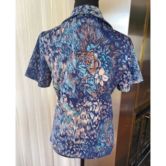 Vintage 70s top, blue, tan, pink abstract pattern, short sleeves blouse - Picture 5 of 8